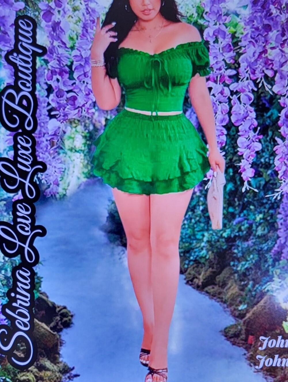 Brand NewFlirty Kelly Green 2pc Off-Shoulder Smocked Top & Ruffle Mini Skort Set